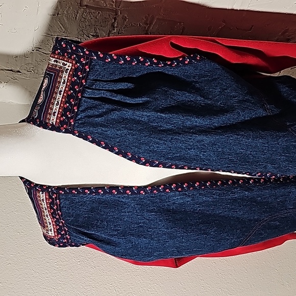 Vintage Patchwork Quilt Denim Jacket Coat Red Long Sleeve XL Pocket Boho Western - Picture 4 of 15